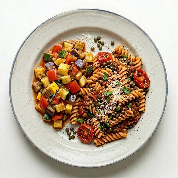 French Ratatouille With Lentil Tomato Fusilli